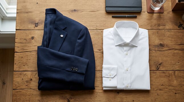 Navy Blue Suit Jacket and White Dress Shirt on Wooden Table