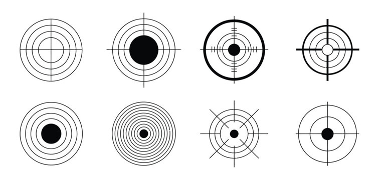 Target point icons set, goal marker and focus symbols for success planning achievement and vector illustration design.