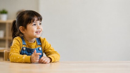 Naklejka premium Young girl with brown hair wearing yellow long-sleeve shirt and blue overalls sits at a wooden table in a bright classroom environment with minimalistic decor