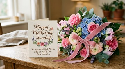 Beautiful floral bouquet with a 'Happy Mothering Sunday' card, a heartfelt gift for a special mom.