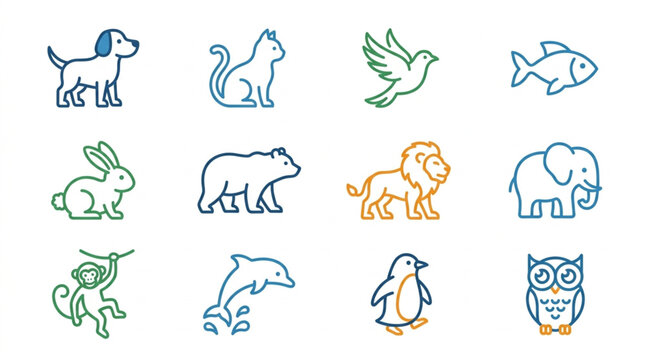 Collection of cute cartoon animal icons in a grid.