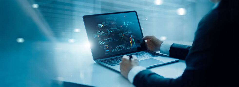 Digital marketing, Data analytics, Interface displaying  strategy and planning components, Content, SEO, and advertising for performance and create insight report of business growth for future.