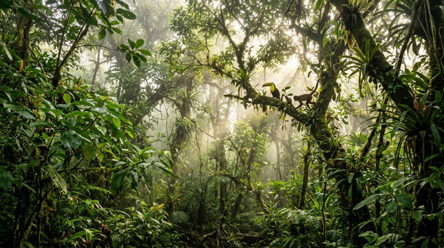 Misty Rainforest with Toucan and Monkey on Tree Branch