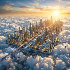 Naklejka premium Futuristic Floating City Skyline at Sunset with Clouds and Sky