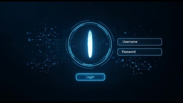 Digital fingerprint scanner interface for secure user authentication access featuring glowing blue circuit board graphics in this motion video clip