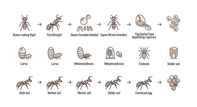 Ant life cycle stages infographic showing queen, larva, metamorphosis, and worker ants