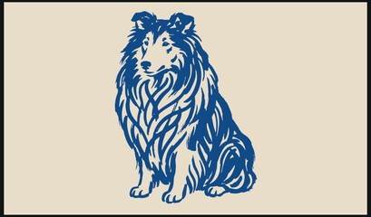 A stylized rough collie dog illustration with flowing fur and upright posture drawn in blue lines on beige background creating an elegant and artistic design © Abdul Waheed Studio