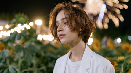 Naklejka premium Soft portrait young woman night sunflower field bokeh light firework white jacket short hair dreamy contemplative mood at summer festival celebration under glowing sky