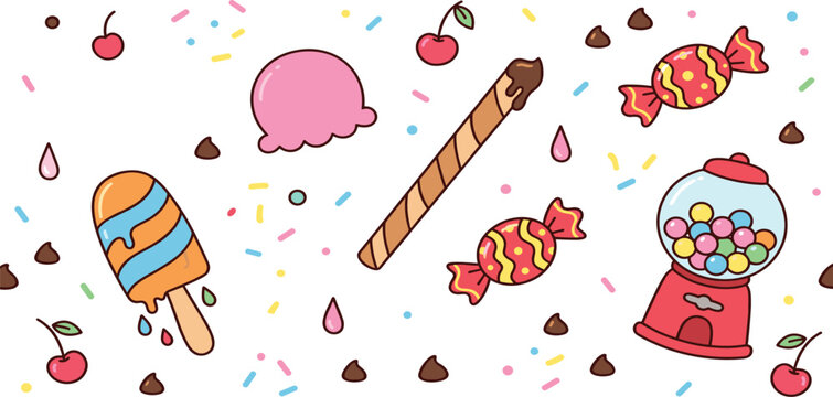 Sweet candy and dessert vector element pattern set with gumball machine ice cream and sprinkles