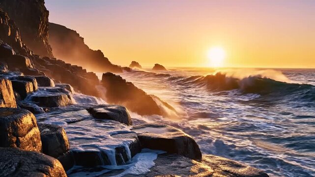 Ocean waves crash against dark basalt formations at sunset