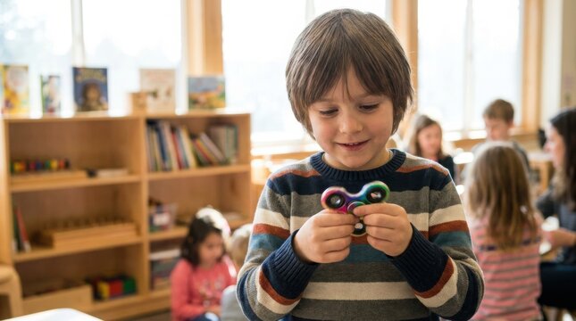 Young boy with brown hair wearing striped sweater holds a fidget spinner in a bright classroom with wooden shelves and children engaged in activities in the background