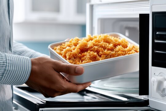 Hands placing a container of yellow rice into a microwave oven in a home kitchen