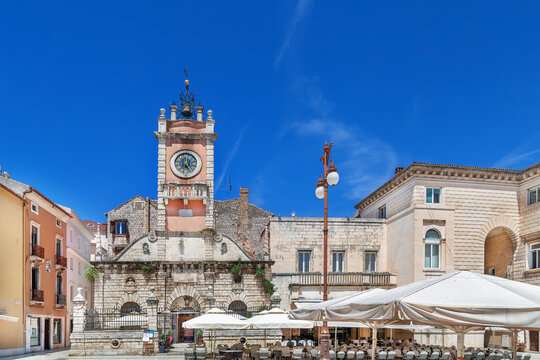 City Guard with clock tower in Zadar Croatia front view. Renaissance architecture under blue sky