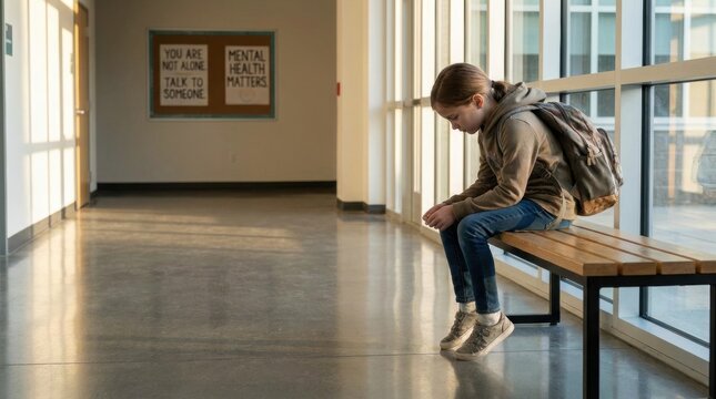 Child sitting alone on a bench in a school hallway, wearing a backpack, with mental health awareness posters visible on the wall in the background