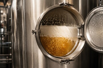Obraz premium Beer fermentation process visible through glass window of stainless steel brewing tank in a modern brewery with bubbles and foam present