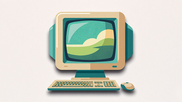 Flat illustration of retro vintage desktop computer with monitor, keyboard and mouse, isolated on white background