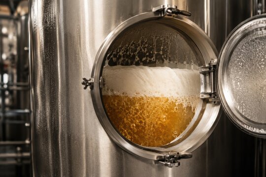 Beer fermentation process visible through glass window of stainless steel brewing tank in a modern brewery with bubbles and foam present