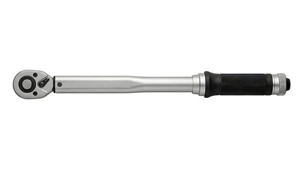 A silver metal torque wrench with a black rubber grip handle, isolated on a white background, for mechanical and, automotive repair tasks