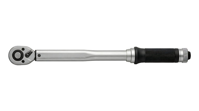 A silver metal torque wrench with a black rubber grip handle, isolated on a white background, for mechanical and, automotive repair tasks