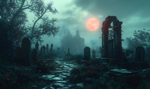 Mysterious Cemetery Scene Under a Red Moon on a Foggy Night