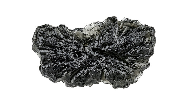 A single piece of raw, dark, textured tektite or moldavite mineral stone, isolated on a white background, for geological and, crystal study