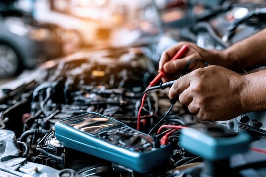 Professional Mechanic Using Multimeter for Electrical Diagnostics on Car Engine in Auto Repair Shop