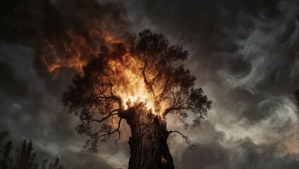 Fototapeta premium Burning Tree Against a Dark Sky - A Dramatic Natural Scene.