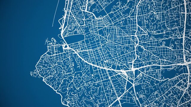 Ink reveal animation of Marseille, Bouches du Rh&ocirc;n, Provence Alpes C&ocirc;te d'Azur, France grid map. Aerial top view. Blueprint style. White lines with blue background. 4K Seamless loop.