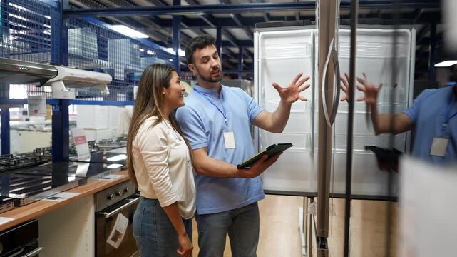 Salesman helping a woman choosing a new refrigerator in a home improvement store