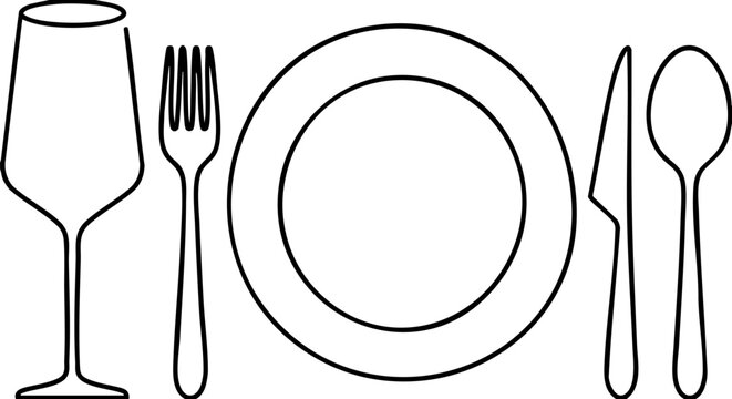 Table setting with plate glass fork knife and spoon for eating  simple line art