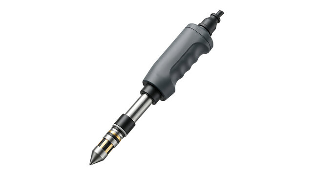 Handheld soil sampling probe with a grey ergonomic handle and a metallic tip, used for geological or agricultural soil testing and analysis