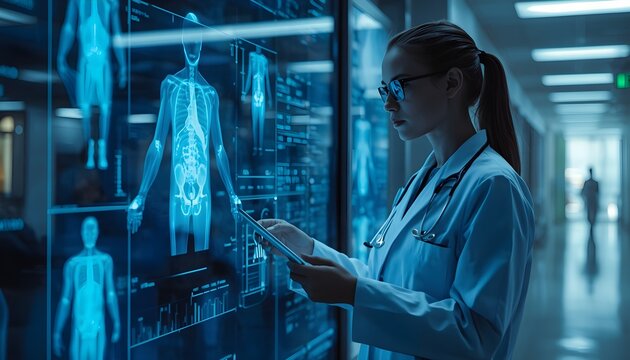 Artificial intelligence healthcare assistant analyzing medical information in a futuristic clinical environment. Concept of digital health, medical diagnostics, AI technology, and healthcare innovatio