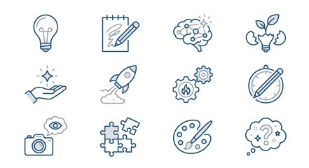 Collection of icons representing creativity and innovation concepts. © Bam