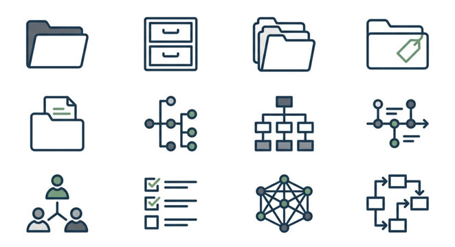 Collection of Icons Representing Data Organization and Management.