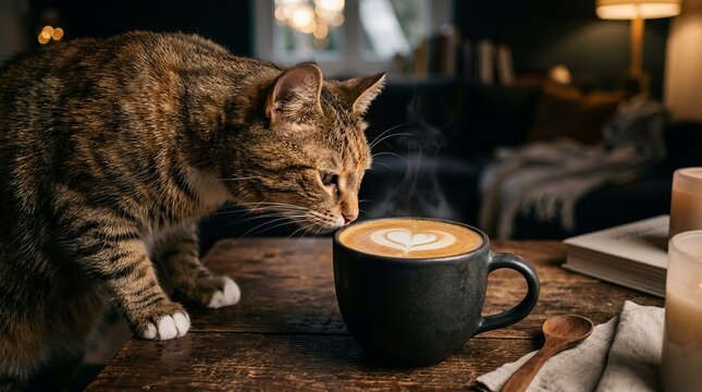 Curious cat sniffs steaming latte art coffee on cozy table