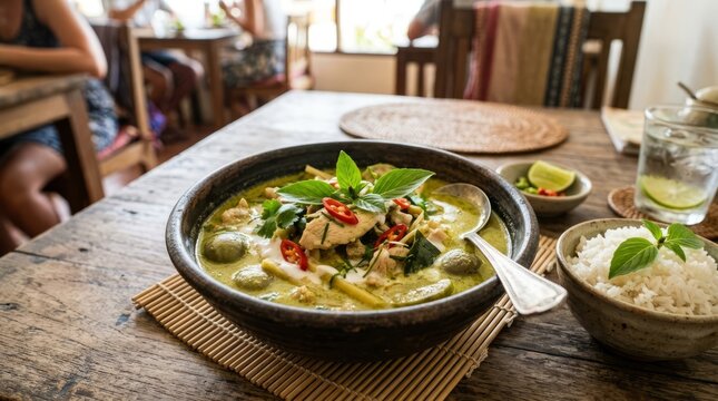 Delicious green curry served with rice on a rustic wooden table in a cozy restaurant setting