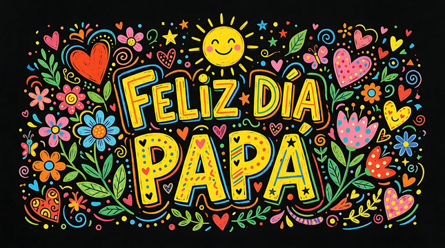 Feliz dia papa hand drawn doodle style greeting for fathers day with colorful