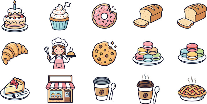 Bakery and cafe cute color line icon set featuring cake cupcake donut bread croissant chef cookie macaron pie coffee storefront elements vector.