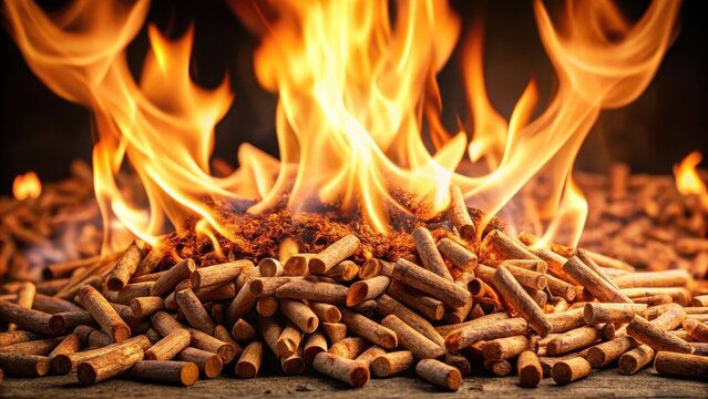 Burning wooden pellets in fireplace with visible flames and smoke in dark background