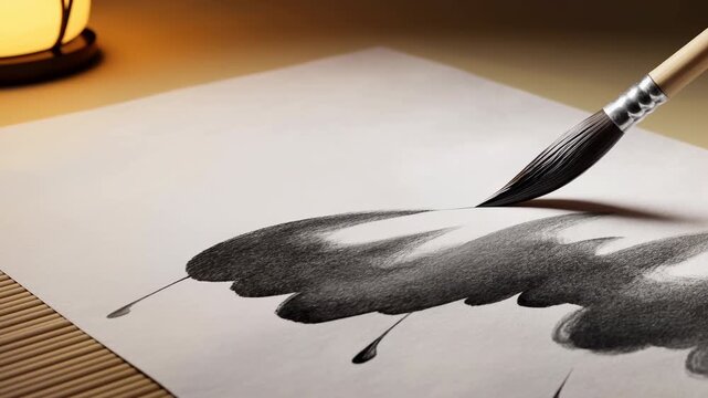 Hand painting dark brushstrokes on white paper