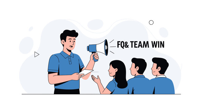 Team Leader with Megaphone Announcing 'FQ & TEAM WIN' to Colleagues, Vector Illustration, Business Concept