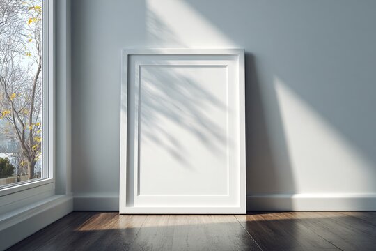 Empty vertical picture frame leaning against a sunny wall