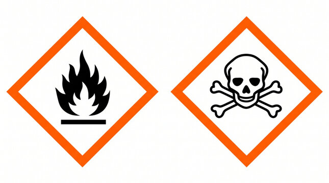 Hazardous chemical warning symbols set including flammable flame and skull crossbones toxicity icons. GHS pictogram diamond signs for poison, fire risk, and lab safety equipment in orange border.