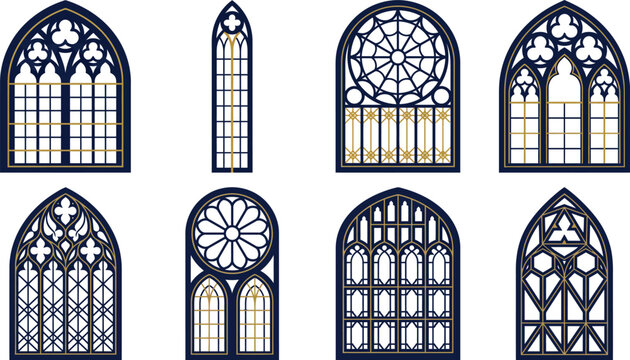 Ornate Gothic Cathedral Window Vector Set with Rose and Tracery Detail for Architectural Religious and Luxury Heritage Design
