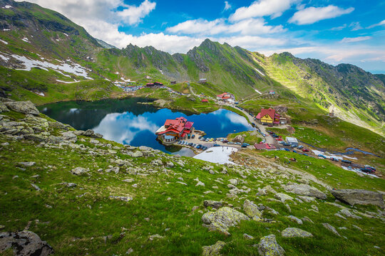 Lake Balea view from the hiking trail, Fagaras mountains, Romania