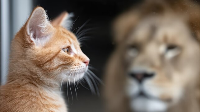 A timid kitten gazes into a mirror, seeing a fearless lion staring back. Cinematic lighting in a warm home highlights this photorealistic transformation concept.