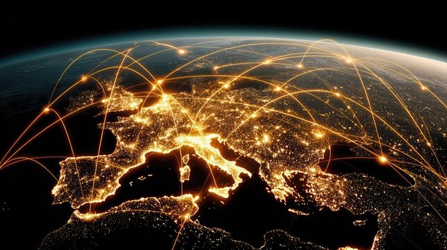Photorealistic Earth from space with glowing golden financial data streams linking global economic hubs. Dramatic lighting highlights the worldwide digital network.