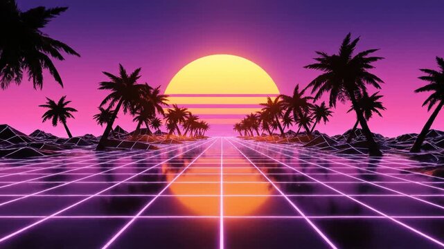 Retro Synthwave Horizon with Glowing Palm Trees and Neon Grid Landscape