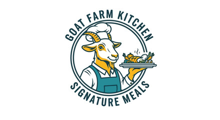 Fototapeta premium Goat Farm Kitchen Signature Meals Logo with Chef Goat Holding Platter.