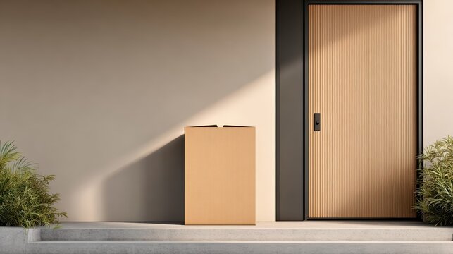 A plain cardboard box sits at a modern front door bathed in warm evening sunlight. The ultra-detailed corrugated texture and soft shadows evoke quiet anticipation.